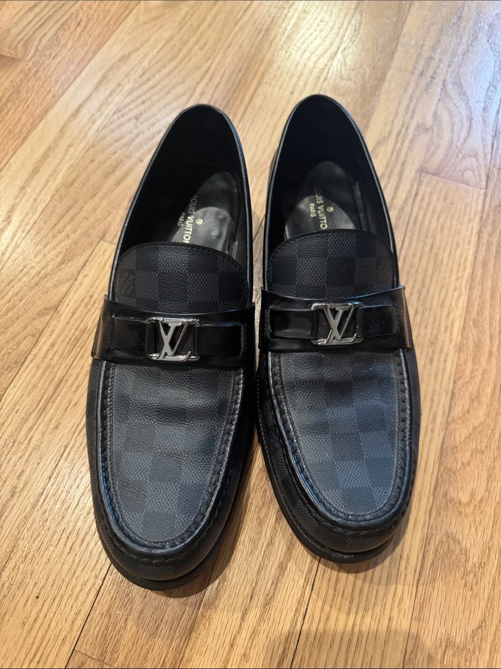 Louis Vuitton Black Damier Pattern Slip-On Loafers with LV Hardware